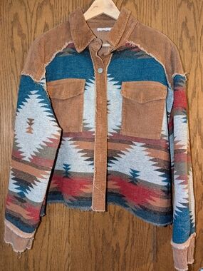 Southwest Pattern Corduroy Trim Jacket in Rust, Teal & Cream